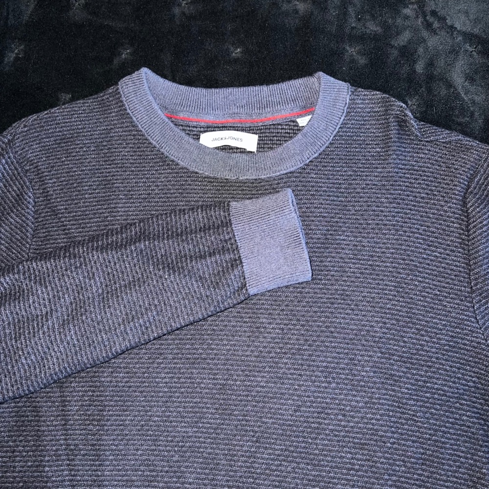 JACK & JONES JW Harchi Mens‎ M Crew Neck Knit Sweater Striped Blue Gray Workwear